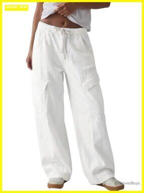 Mid-Low Rise Baggy Jeans Elastic Waist Drawstring Wide Leg Cargo Boyfriend Pants